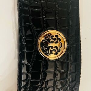 Black and Gold Croc-Embossed Wallet with Gold Emblem